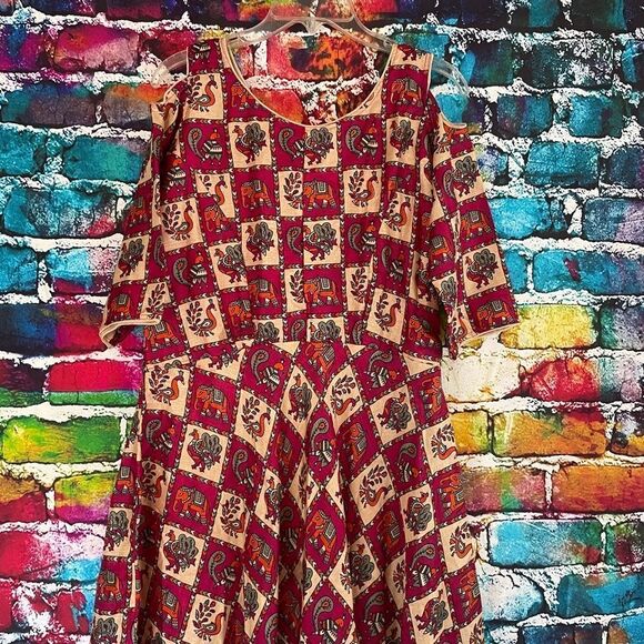 Vintage Handmade Cold Shoulder Peacock Elephant Print Dress Large - Picture 7 of 8